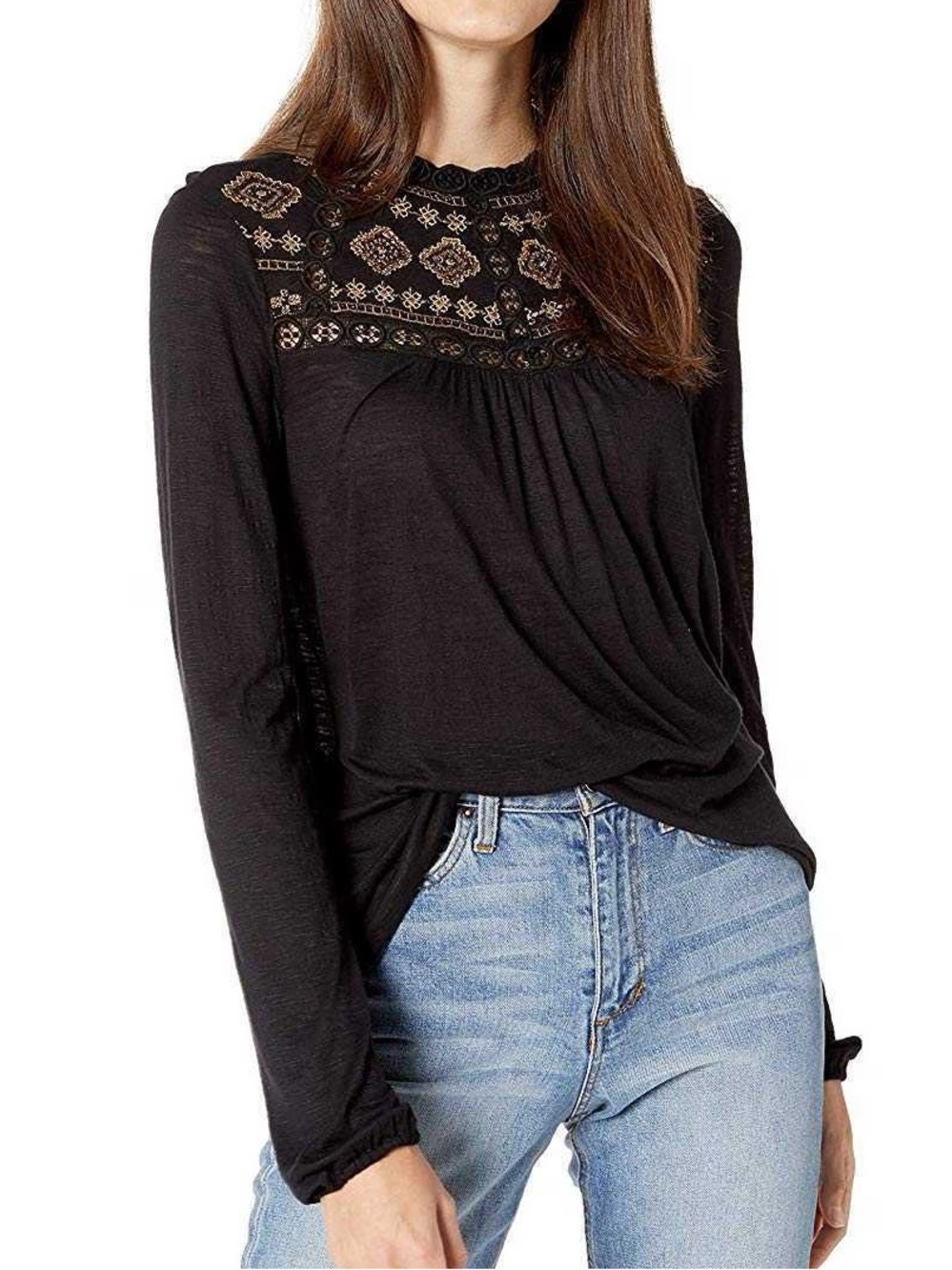 Lucky brand black gold embellished beaded embroidered long sleeve top